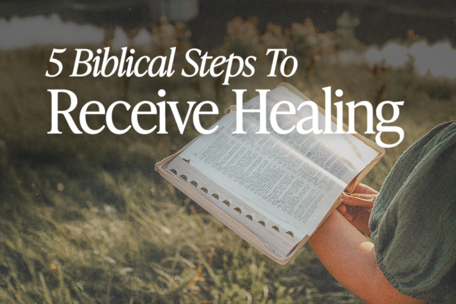 Woman in a field on a sunny day holding a Bible in her hands
