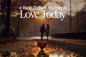 A happy couple walking on the sidewalk after a rain, at sunset